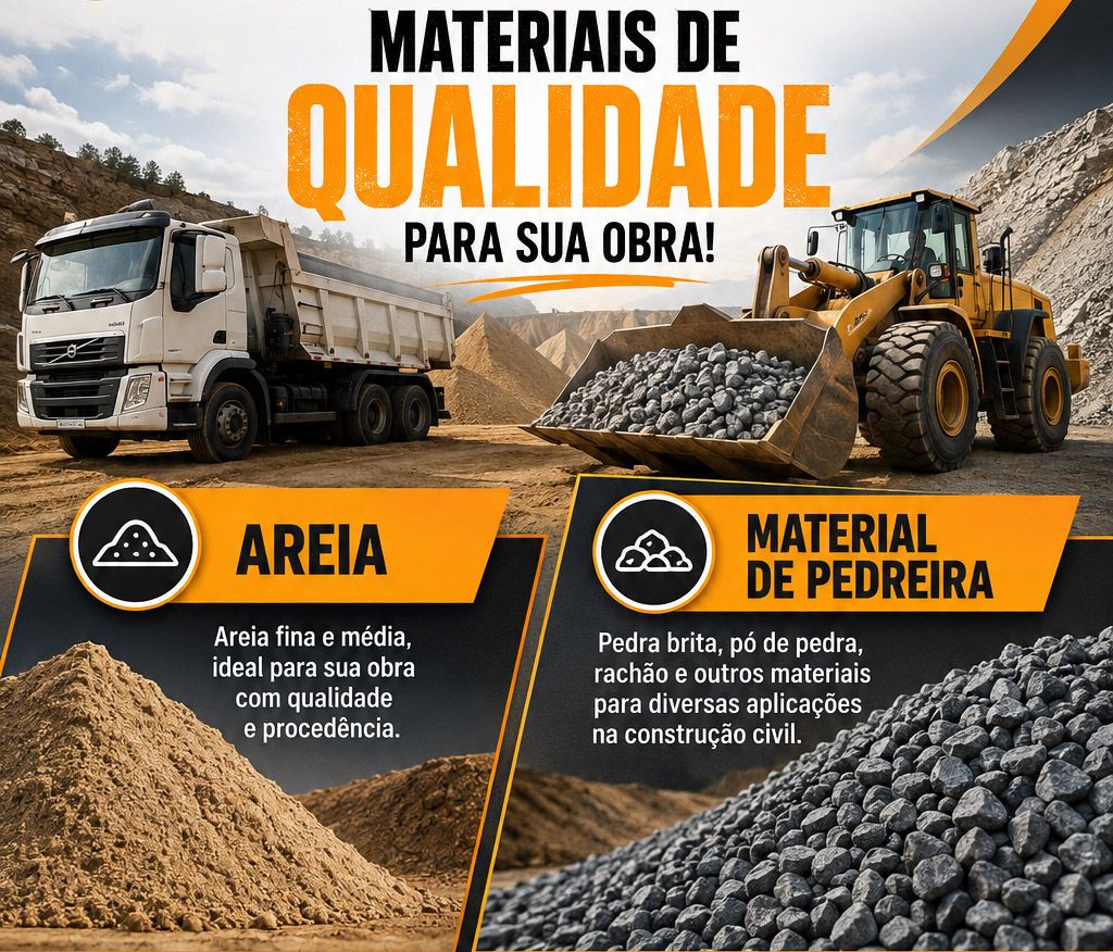 Caminhão basculante e pá carregadeira da Santana Transportes com areia e brita para obras em BH